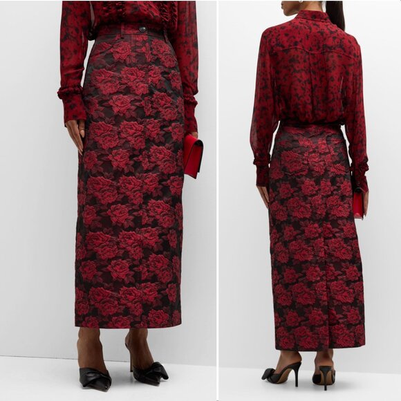 GANNI Floral Jacquard Maxi SKIRT Size 40 8 L High Risk Red Slit Pockets EUC - Picture 6 of 15